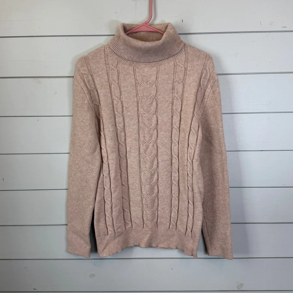 Tan Cream cable knit front sweater turtleneck women's size‎ M/L